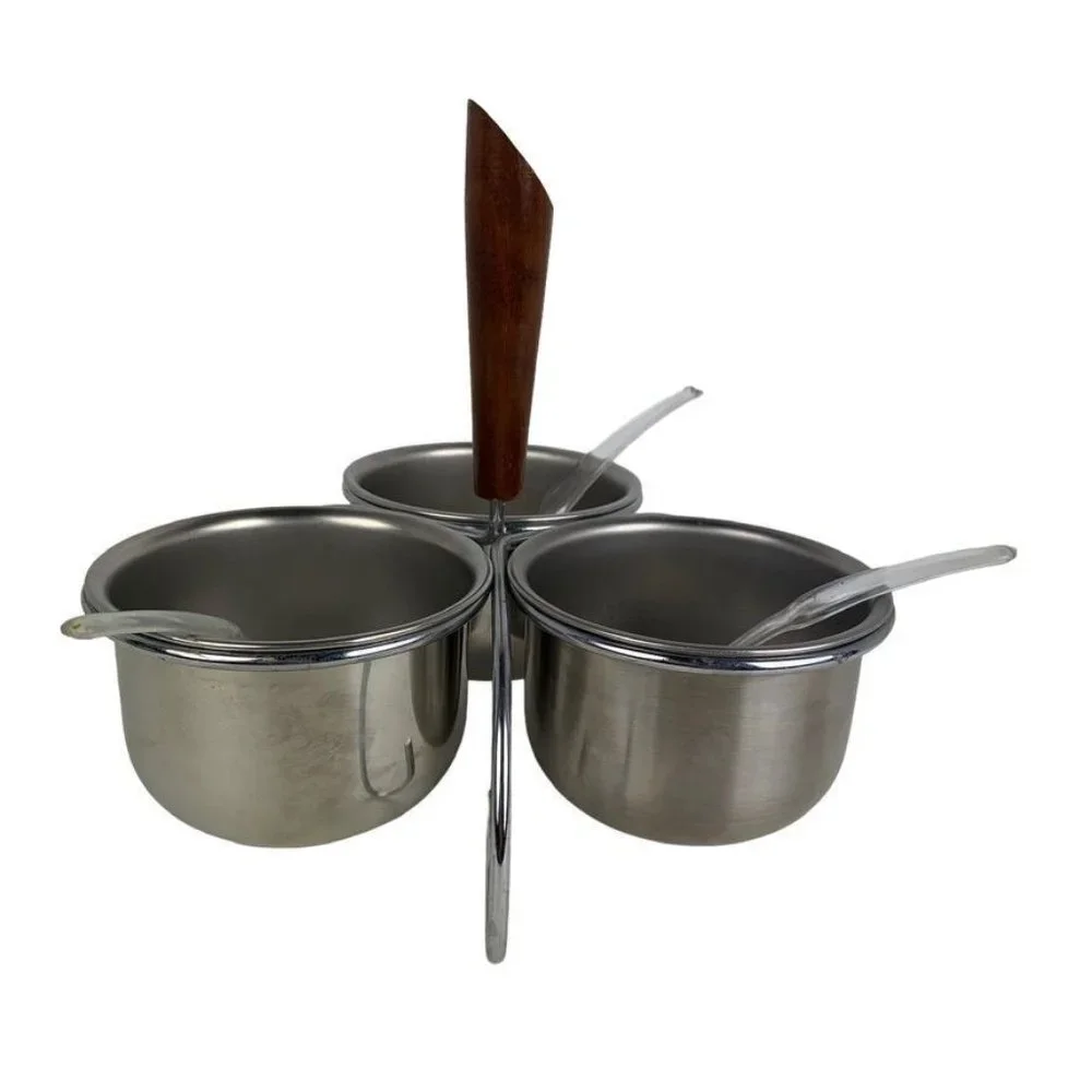 Vintage Midcentury 3 Bowl Condiment Caddy Metal Wood Handle Plastic Spoons‎